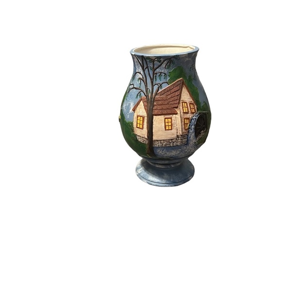 Vintage Blue Pottery Mill on River Hand Painted Vase Americana Unique Art